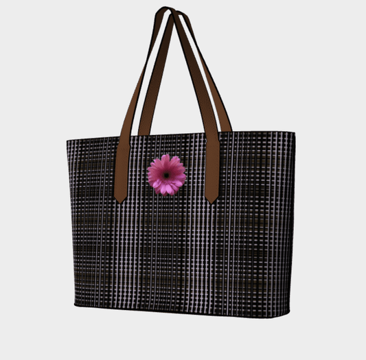 FLOWERS - Large Vegan Leather Tote bag  - Brown tartan 🇨🇦