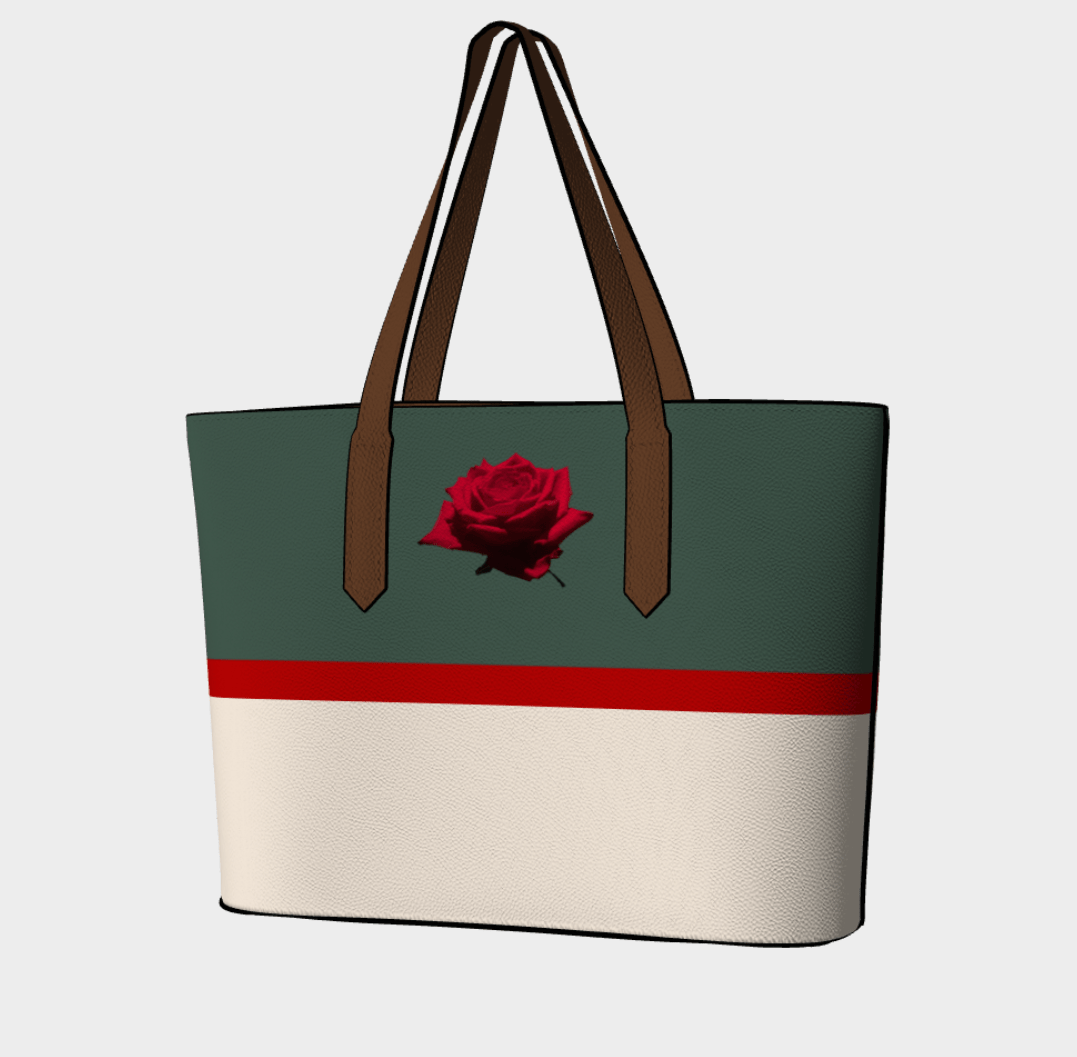 FLOWERS - Large Vegan Leather Tote Bag - Green with Red Rose 🇨🇦