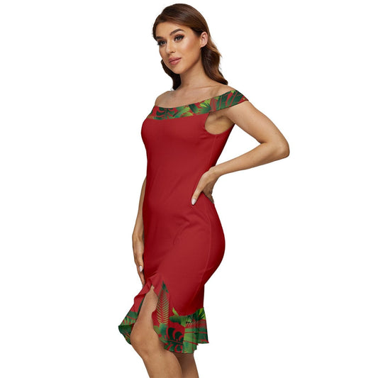 Off Shoulder Ruffle Split Hem Bodycon Dress - Summer Red Tropical