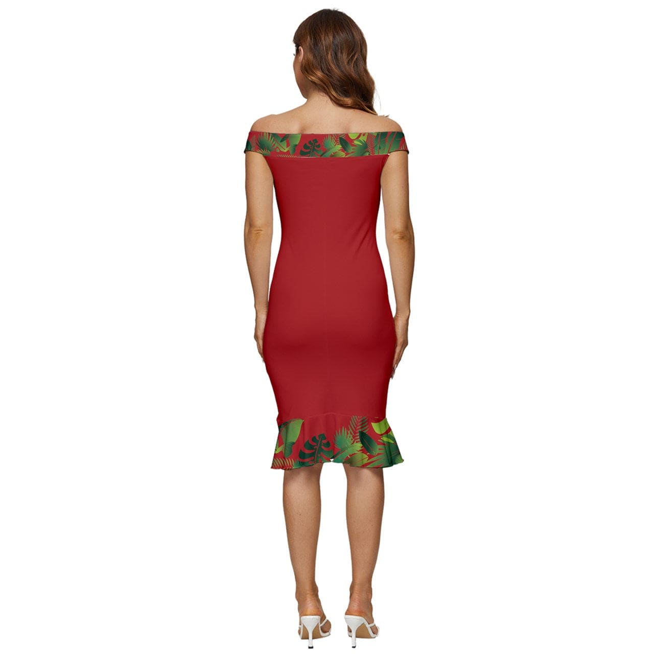 Off Shoulder Ruffle Split Hem Bodycon Dress - Summer Red Tropical