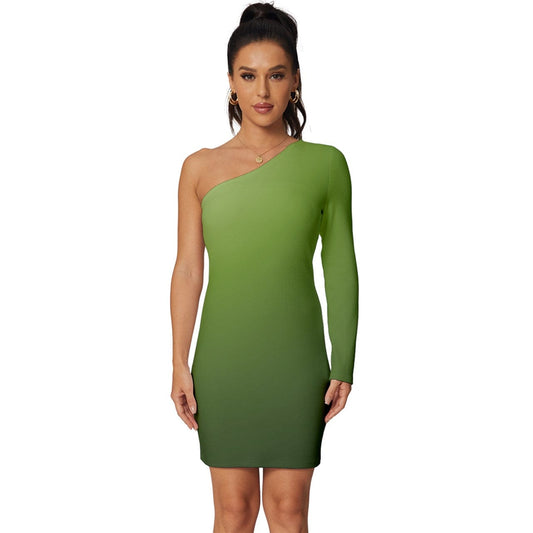 Party Dress -  Long Sleeve One Shoulder Mini Dress - Olive green