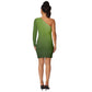 Party Dress -  Long Sleeve One Shoulder Mini Dress - Olive green