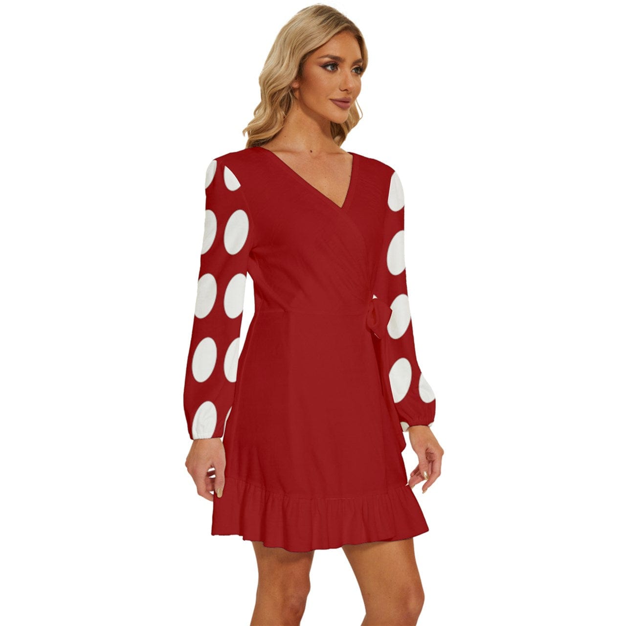 Party Dress - Long Sleeve Waist Tie Ruffle Velvet Dress - Ruby Red & Giant Dots