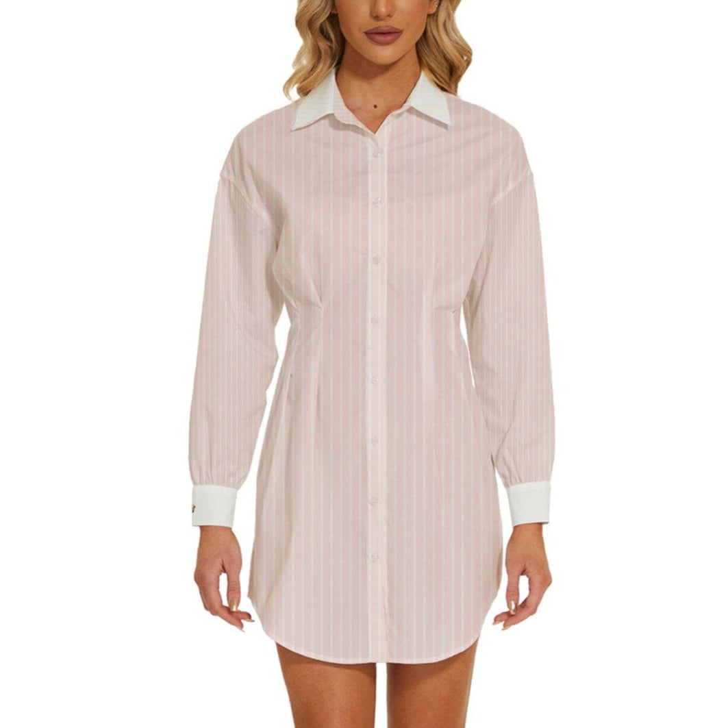 Women's Long Sleeve Shirt Dress - Stripes Old Pink