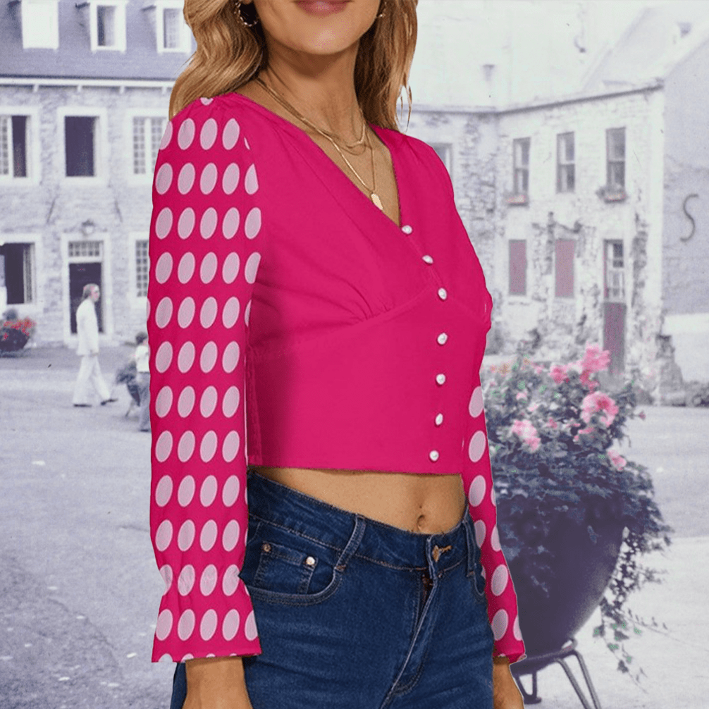Women's  Long Sleeve V-Neck Top - Hot Pink with Maxi Polka Dots