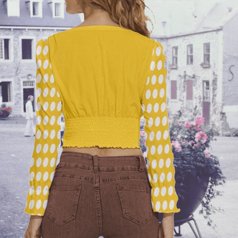 Women's  Long Sleeve V-Neck Top - Yellow With Maxi Polka Dots