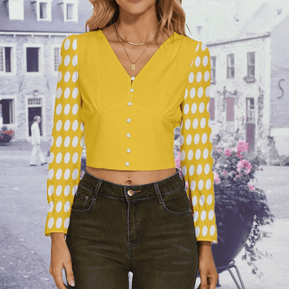 Women's  Long Sleeve V-Neck Top - Yellow With Maxi Polka Dots