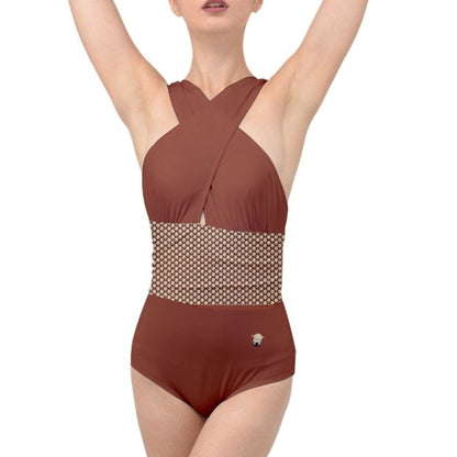 Wheaten Puppy Cross Front Low Back Swimsuit - Brown