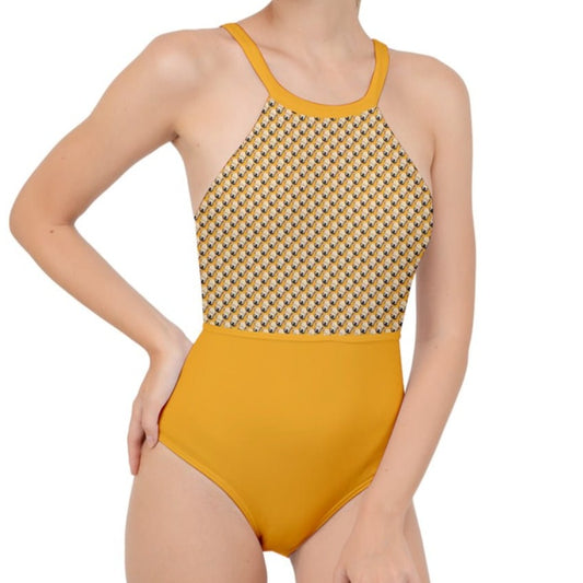 Wheaten Puppy High Neck One Piece Swimsuit - Yellow