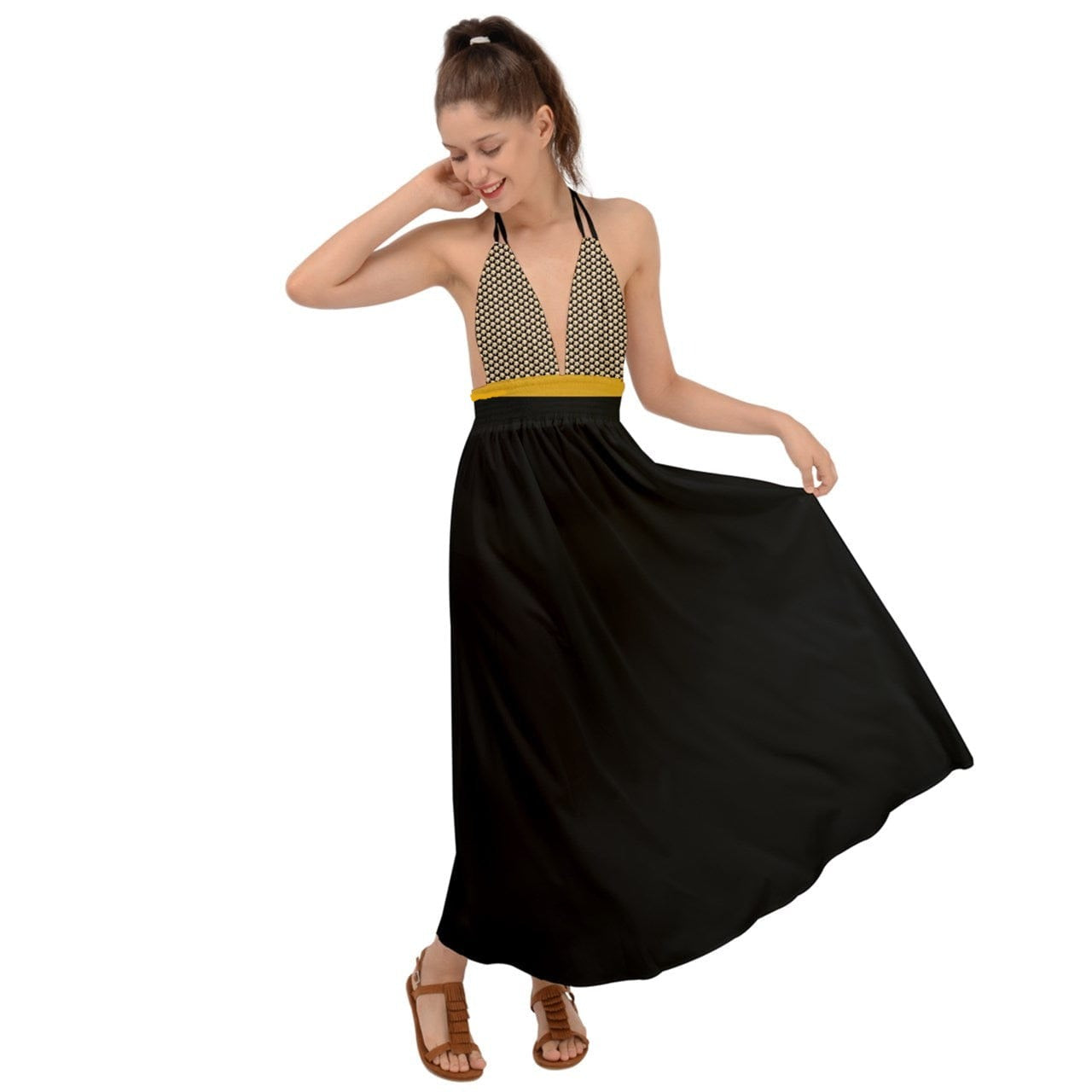 The wheaten store Wheaten Puppy Backless Maxi Party Dress Black & Gold