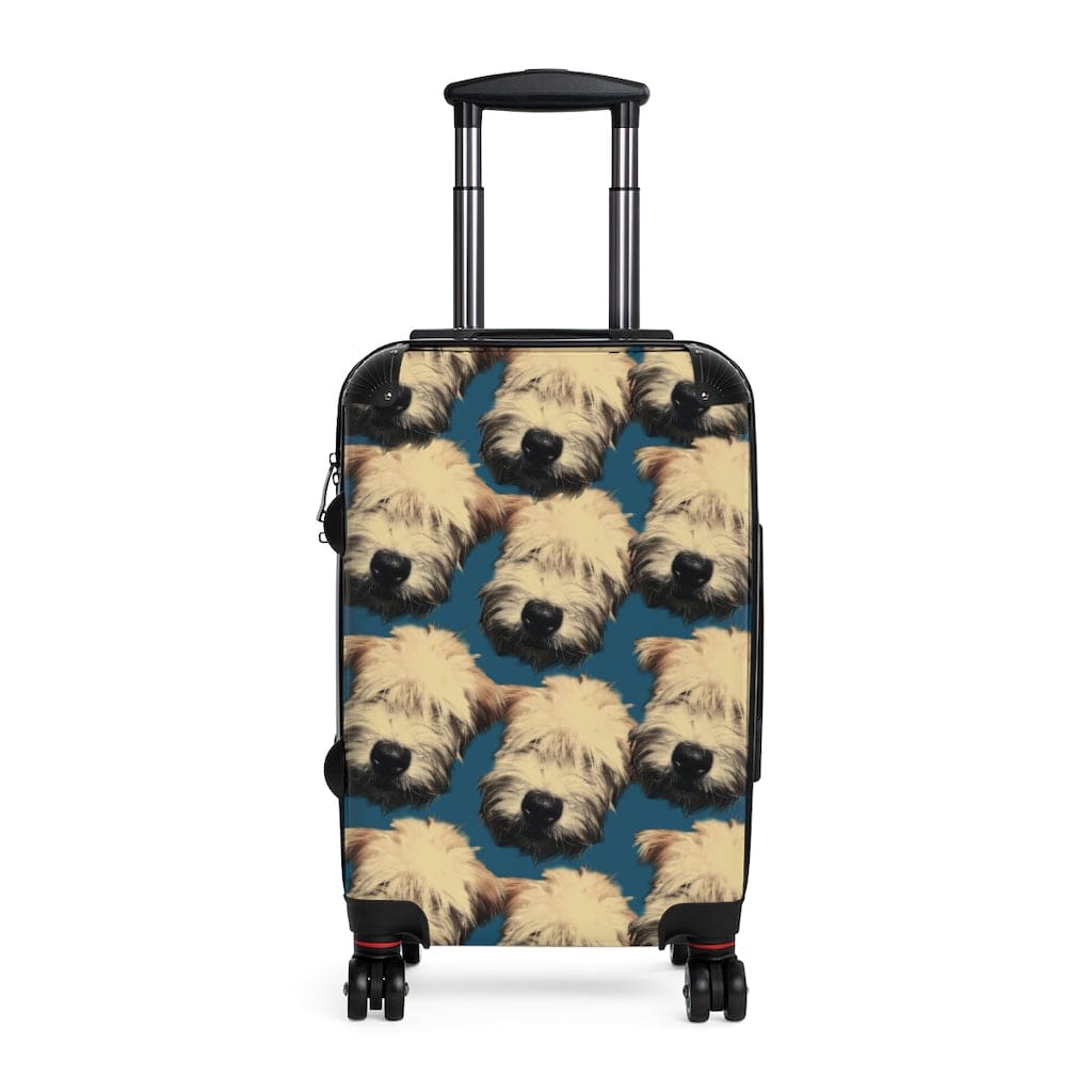 carry-on suitcase with cute wheaten puppy design in cerulean blue
