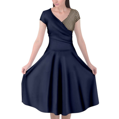 Wheaten Puppy Cap Sleeve Wrap Front Dress - deep blue