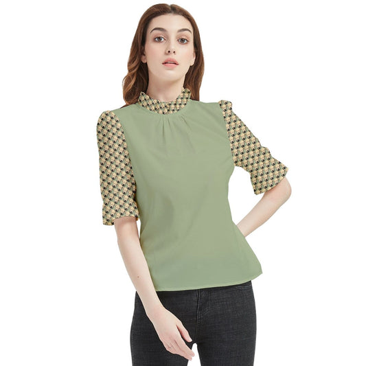 Wheaten Puppy Frill Neck Blouse - sage green