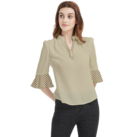 Wheaten Puppy Loose Horn Sleeve Chiffon Blouse - beige