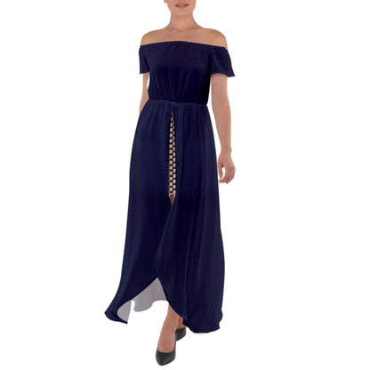 Wheaten Puppy Off Shoulder Open Front Chiffon Dress - deep blue