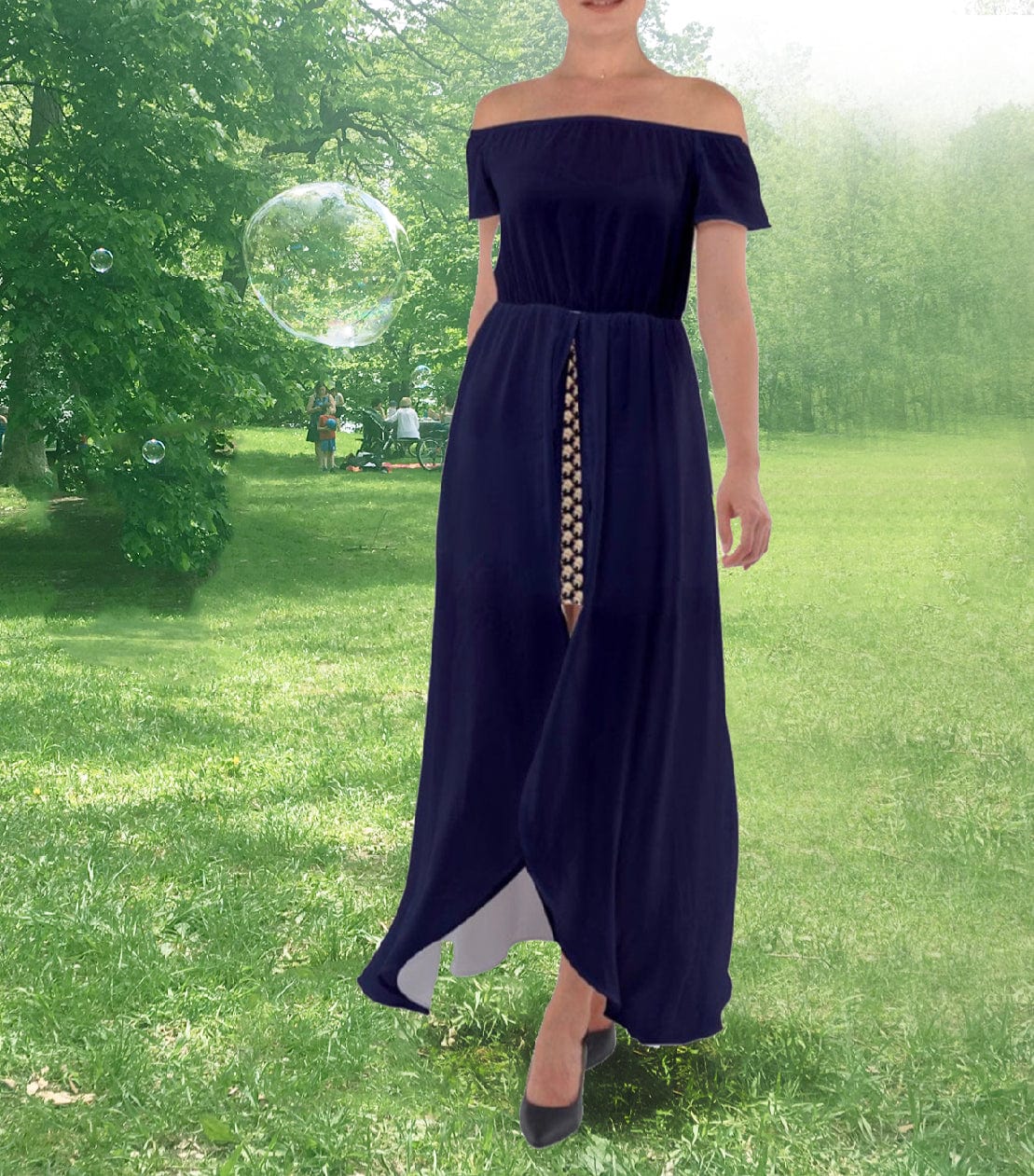 Wheaten Puppy Off Shoulder Open Front Chiffon Dress - deep blue