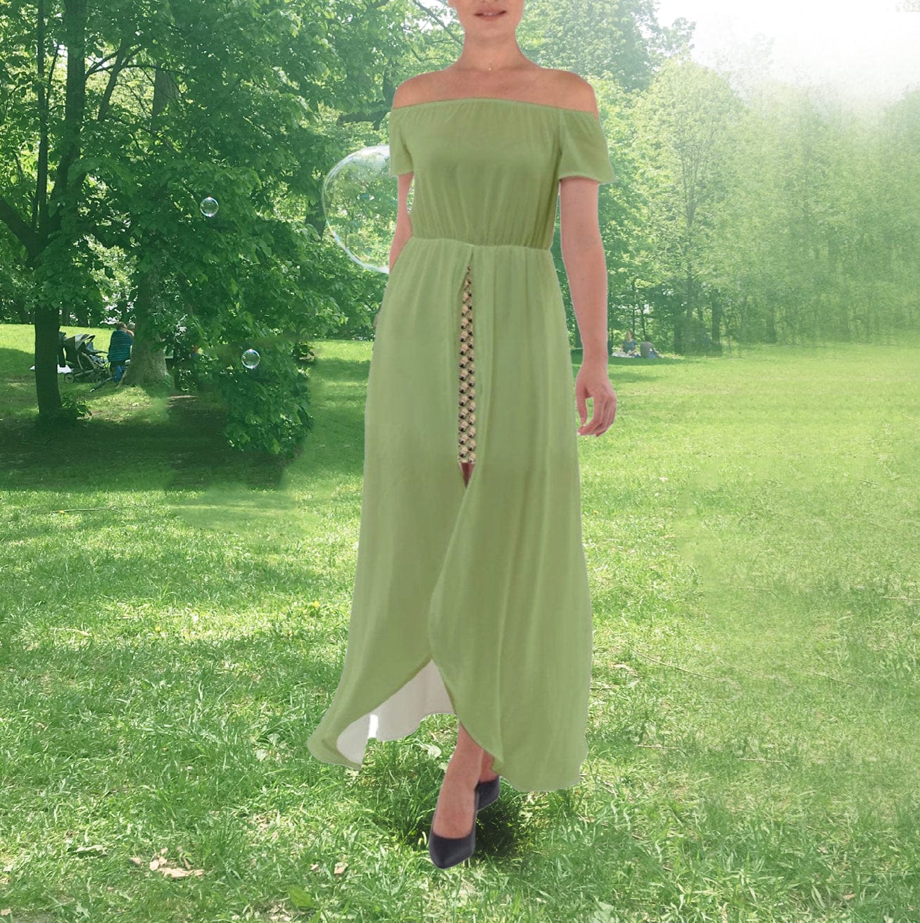 Wheaten Puppy Off Shoulder Open Front Chiffon Dress - light green