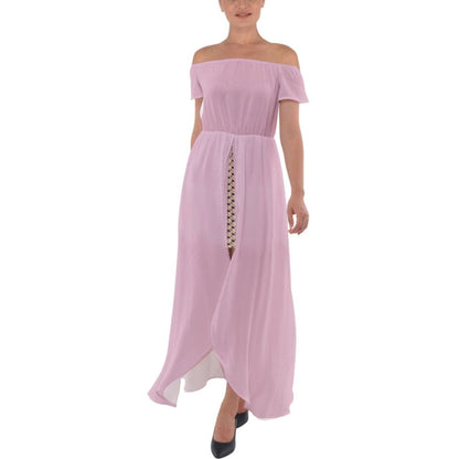 Wheaten Puppy Off Shoulder Open Front Chiffon Dress - pink