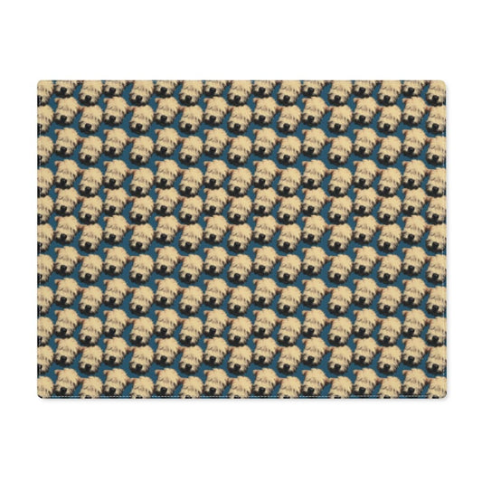 multiple wheaten puppies and cerulean blue placemat