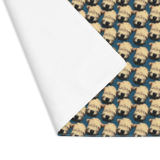 multiple wheaten puppies and cerulean blue placemat = folded showing natural coton back