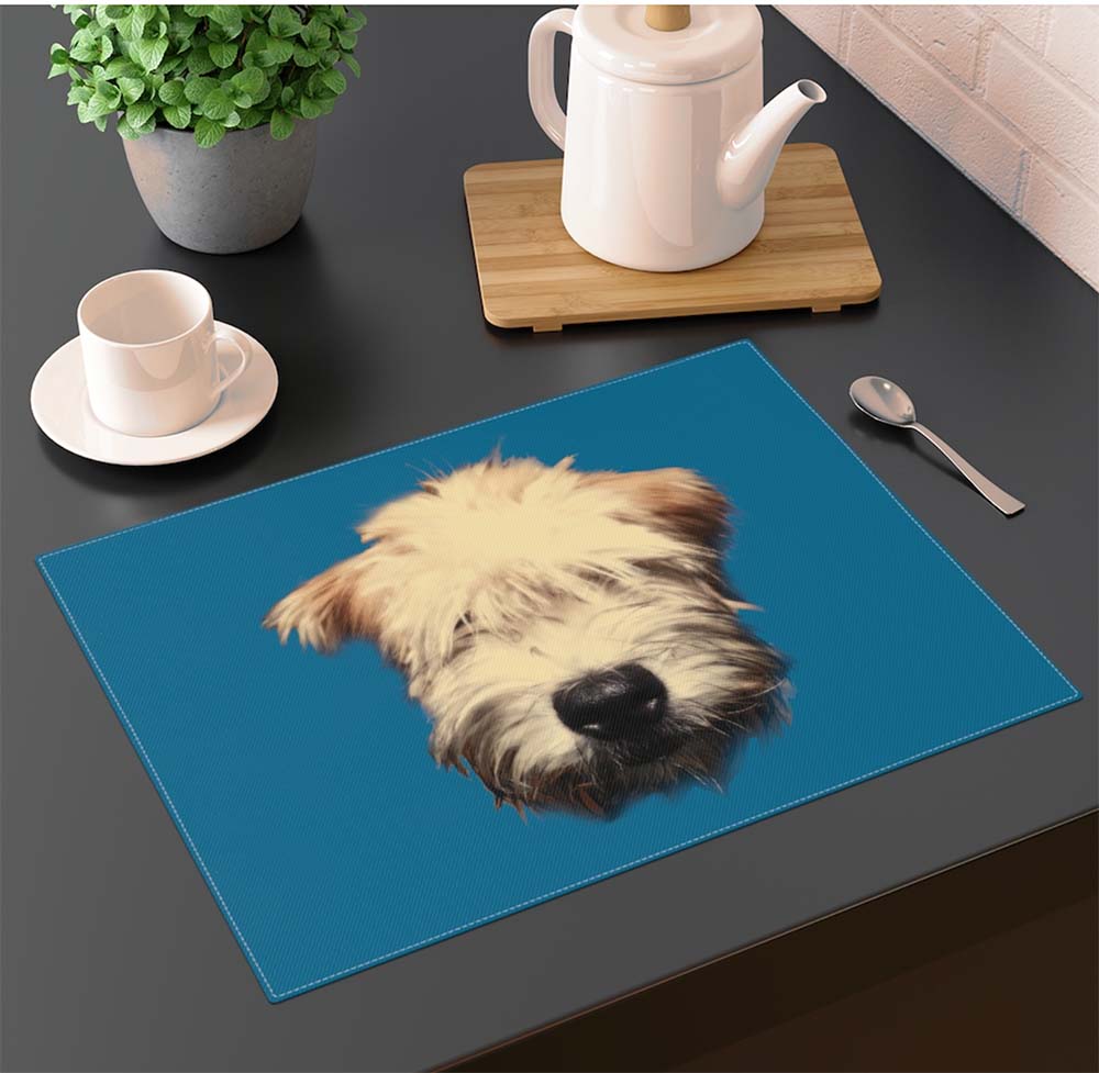 wheaten puppy and cerulean blue placemat - coffee time on table set