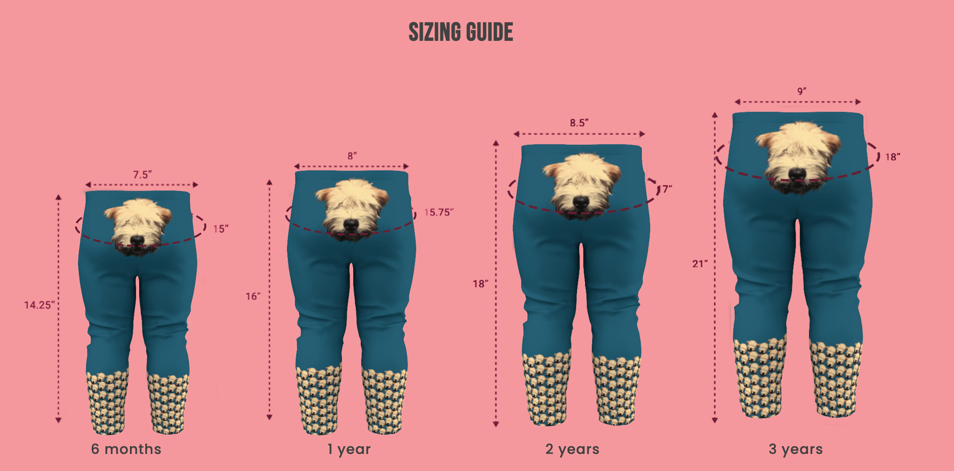 Wheaten Puppy Todler Leggings - pink and Sky Blue - size chart