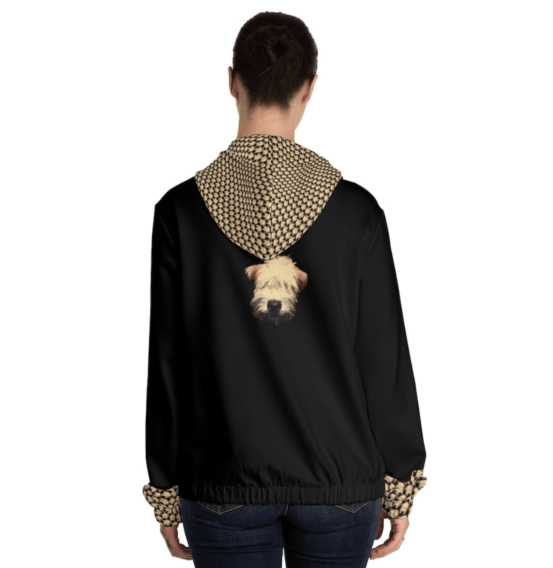 Black zipped Hoodie with wheaten puppy pattern from the wheaten store - black - women